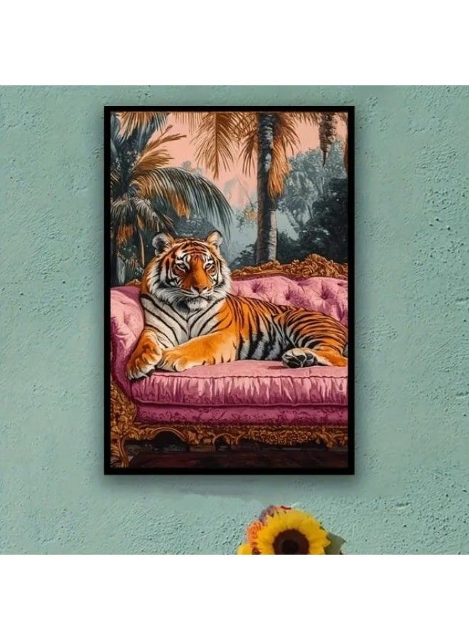 Royal Tiger on Pink Sofa Wall Art Frame  | Tiger on Pink Sofa with Tropical Background | 60 × 40 cm (Vertical) - Image 3